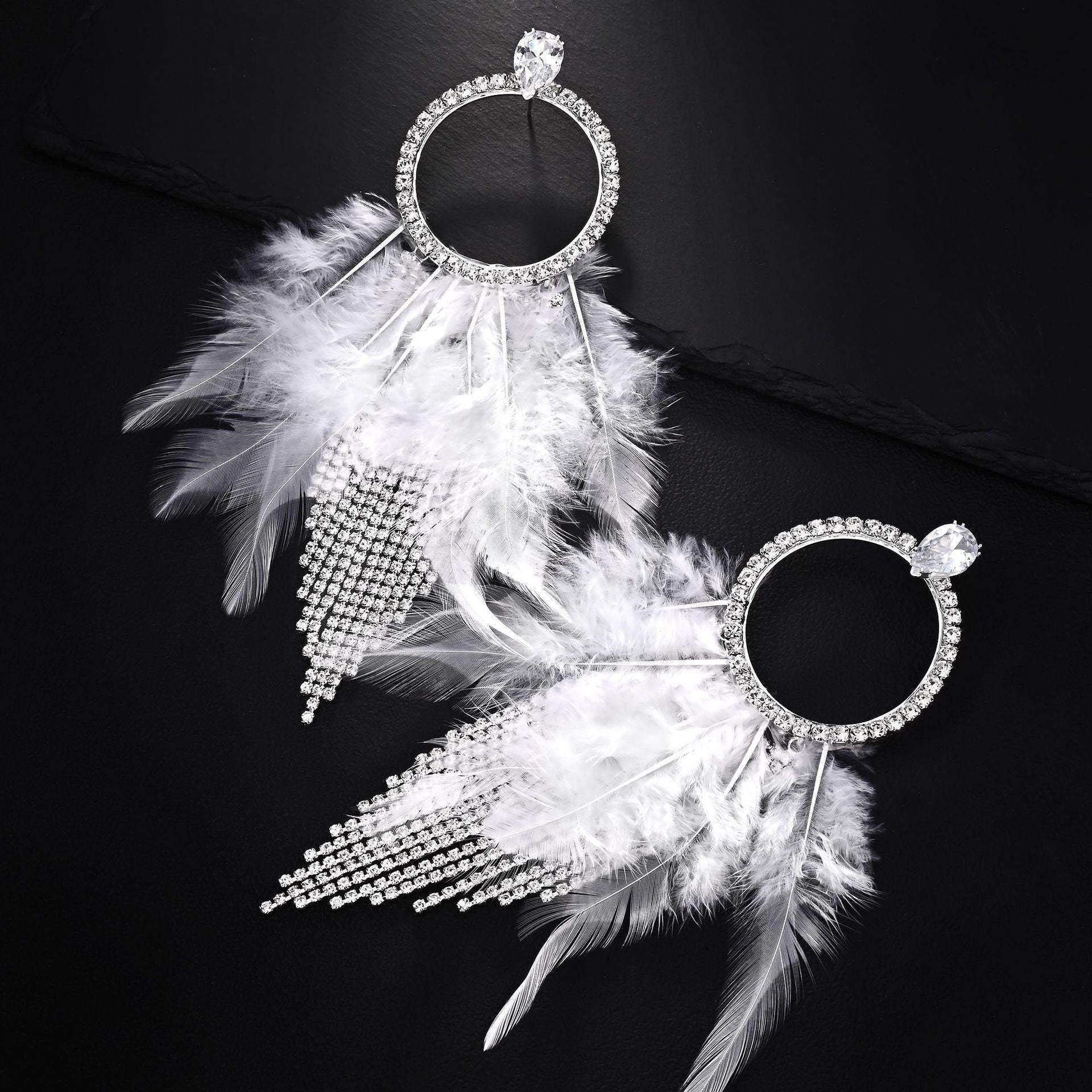 Feather Tassel Earrings For Unisex In Gothic Style With Silver Rhinestones Stud Design