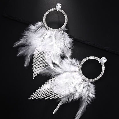 Feather Tassel Earrings For Unisex In Gothic Style With Silver Rhinestones Stud Design