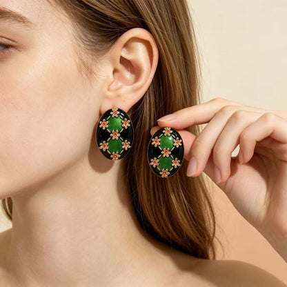 Color Block Stud Earrings For Women In Red Alloy Featuring Electroplated Finish With 925 Sterling Silver Ear Pins