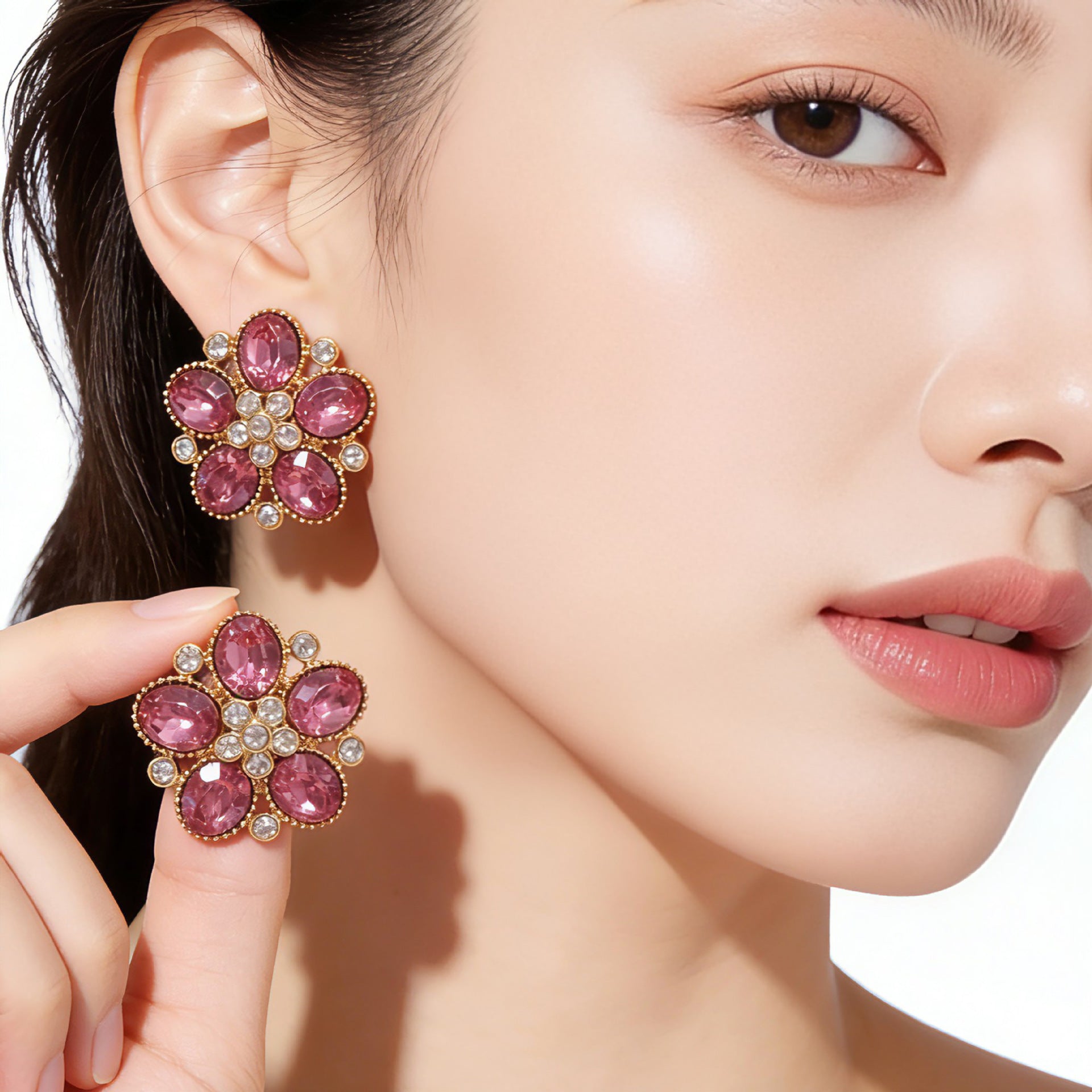 Maillard Style Flowers Stud Earrings For Women In Natural Pink Zinc Alloy With Crystal Inlay
