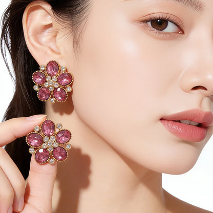 Maillard Style Flowers Stud Earrings For Women In Natural Pink Zinc Alloy With Crystal Inlay