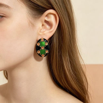 Color Block Stud Earrings For Women In Red Alloy Featuring Electroplated Finish With 925 Sterling Silver Ear Pins