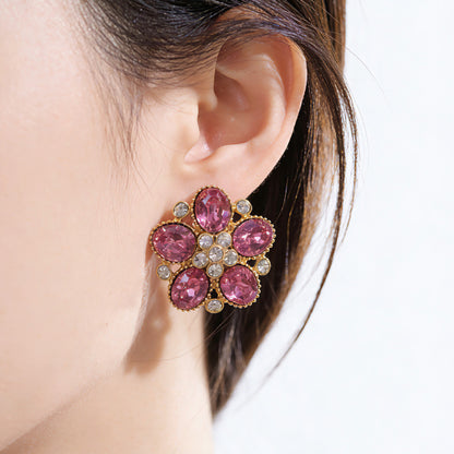 Maillard Style Flowers Stud Earrings For Women In Natural Pink Zinc Alloy With Crystal Inlay