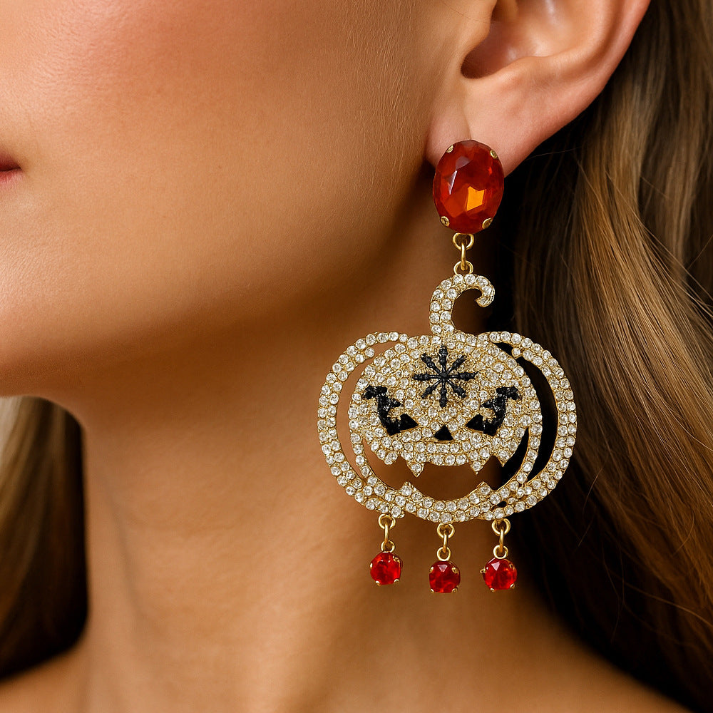 Pumpkin Silver Earrings For Women In Copper Alloy With Rhinestones, Electroplated Finish And 925 Sterling Silver Posts