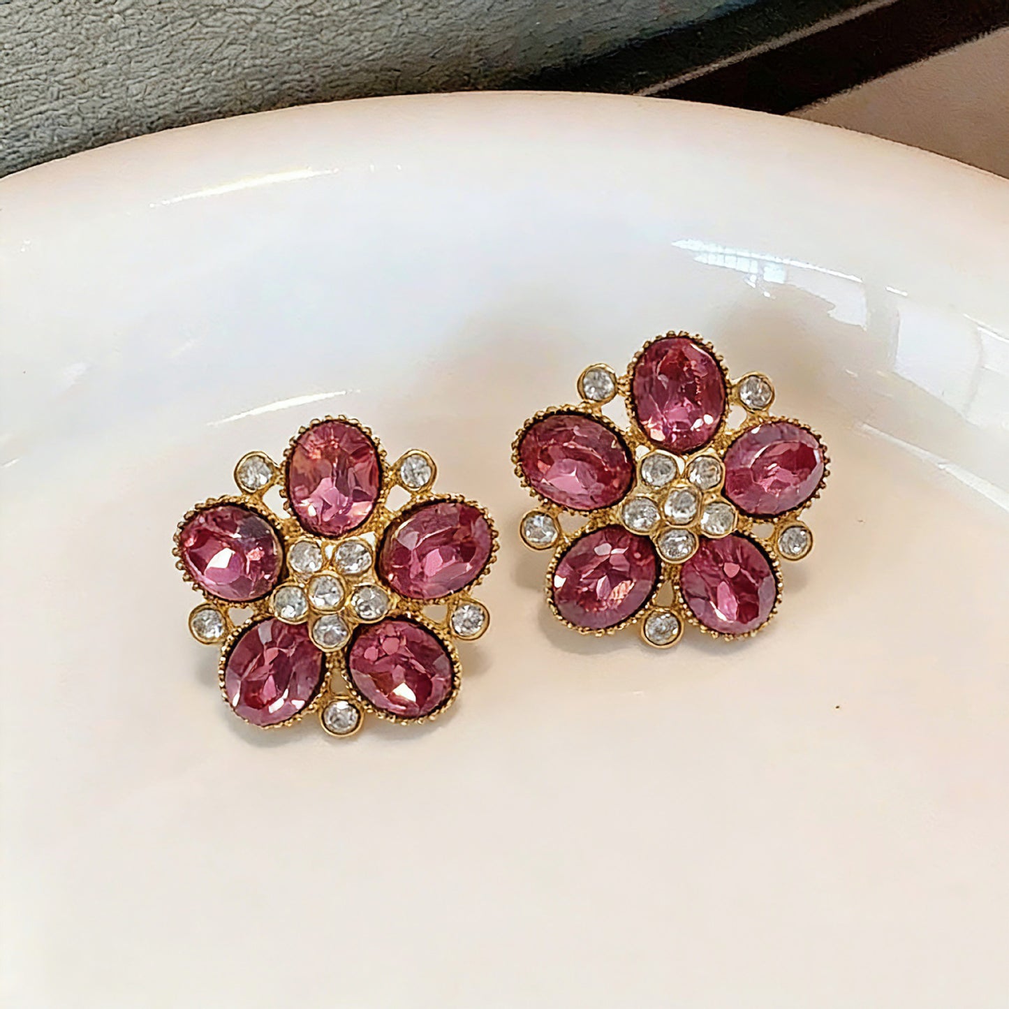 Maillard Style Flowers Stud Earrings For Women In Natural Pink Zinc Alloy With Crystal Inlay