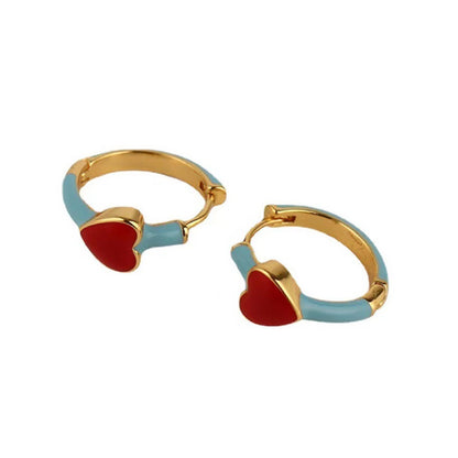 Elegant Heart Shape Stud Earrings In Red Featuring Copper Ear Pins With Asymmetrical Design