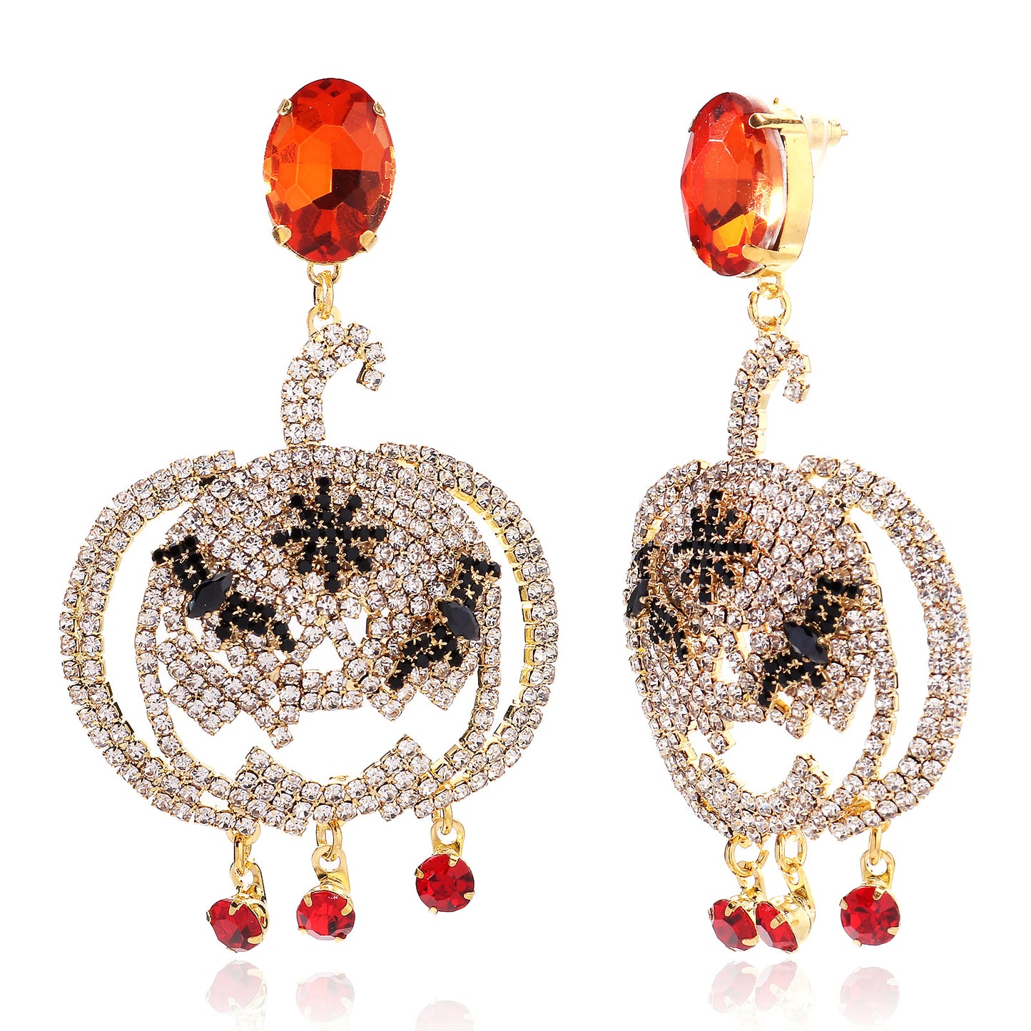Pumpkin Silver Earrings For Women In Copper Alloy With Rhinestones, Electroplated Finish And 925 Sterling Silver Posts