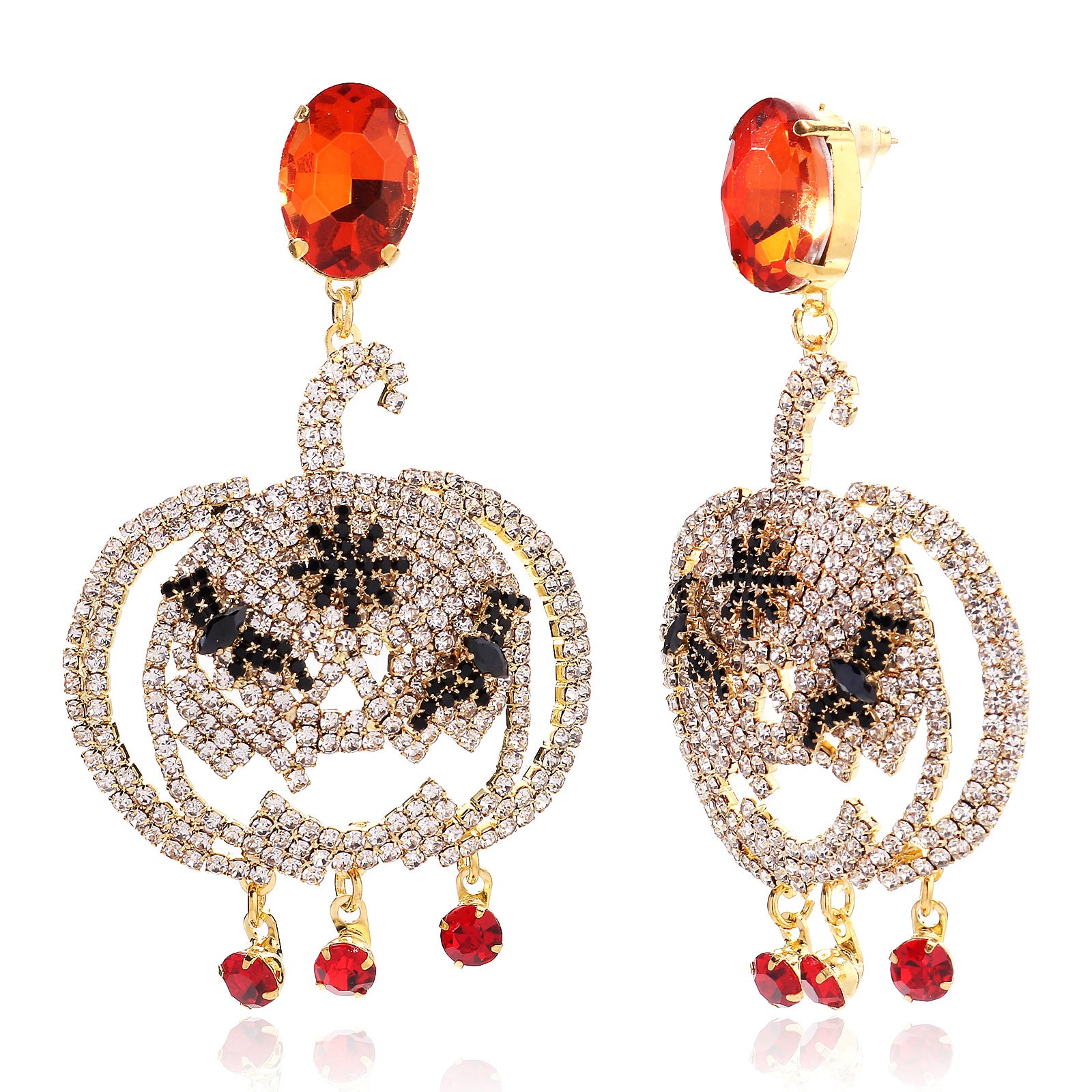 Pumpkin Silver Earrings For Women In Copper Alloy With Rhinestones, Electroplated Finish And 925 Sterling Silver Posts