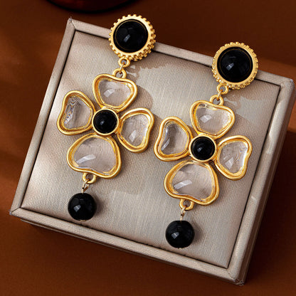 Flowers Stud Earrings For Unisex Featuring Dyed Black Glass Inlay And Zinc Alloy With 925 Sterling Silver Ear Pins