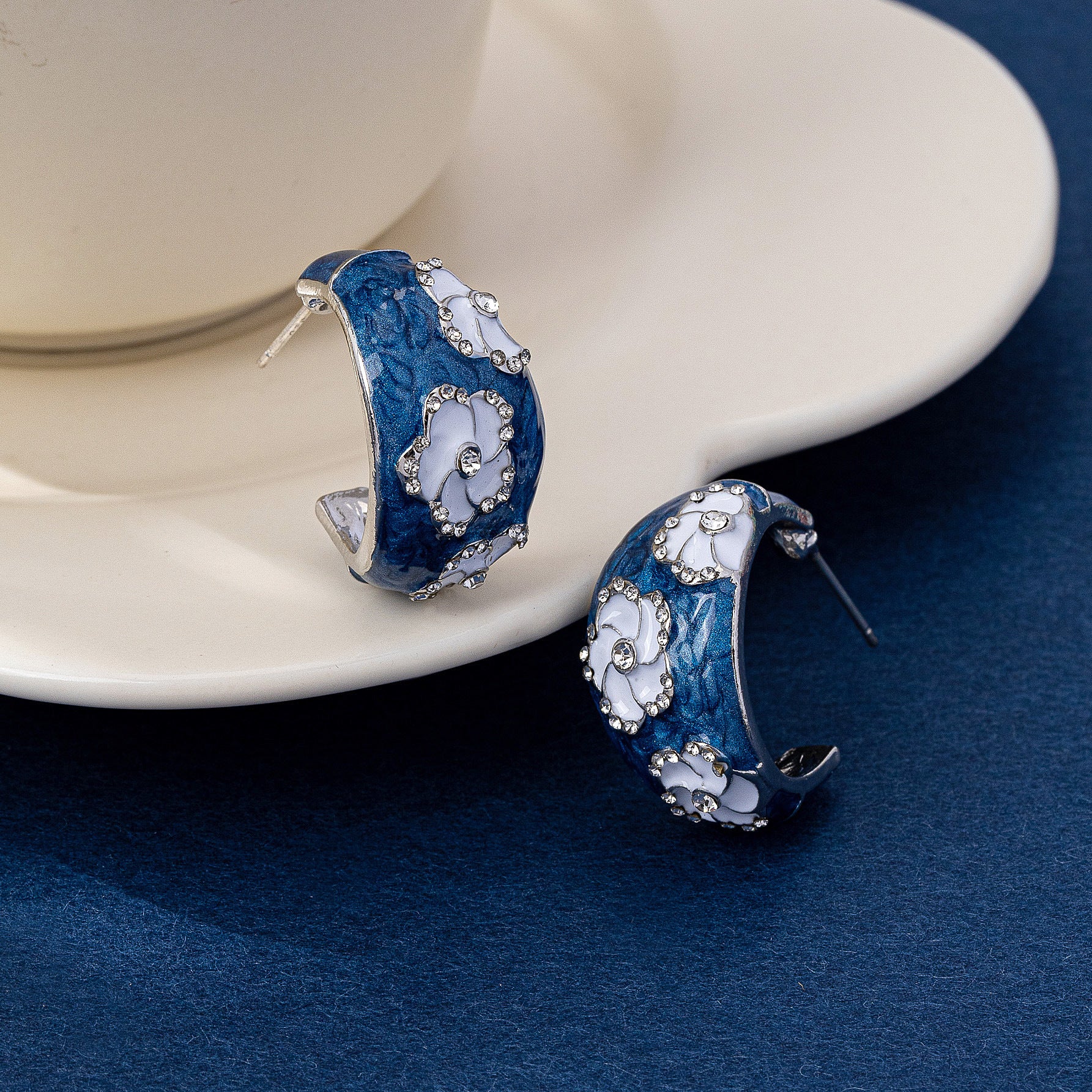 Blue Flowers Earrings For Women Featuring Electroplated Zinc Alloy With 925 Sterling Silver Stud Posts