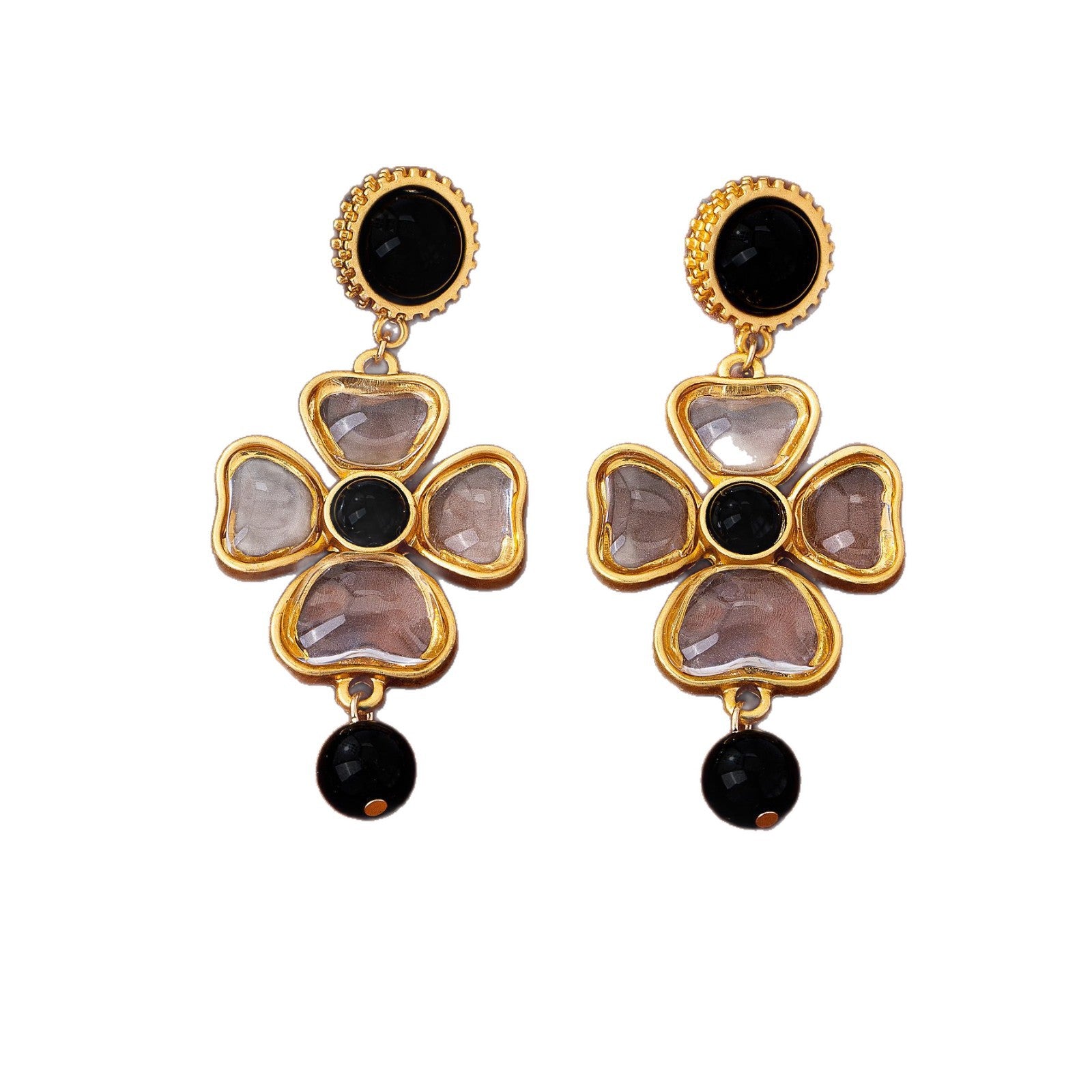 Flowers Stud Earrings For Unisex Featuring Dyed Black Glass Inlay And Zinc Alloy With 925 Sterling Silver Ear Pins