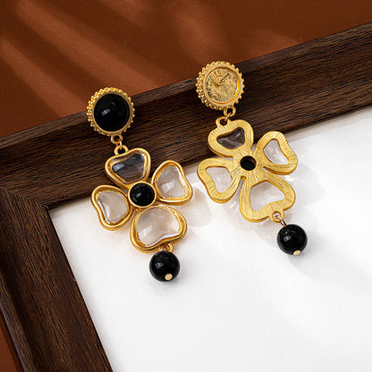Flowers Stud Earrings For Unisex Featuring Dyed Black Glass Inlay And Zinc Alloy With 925 Sterling Silver Ear Pins