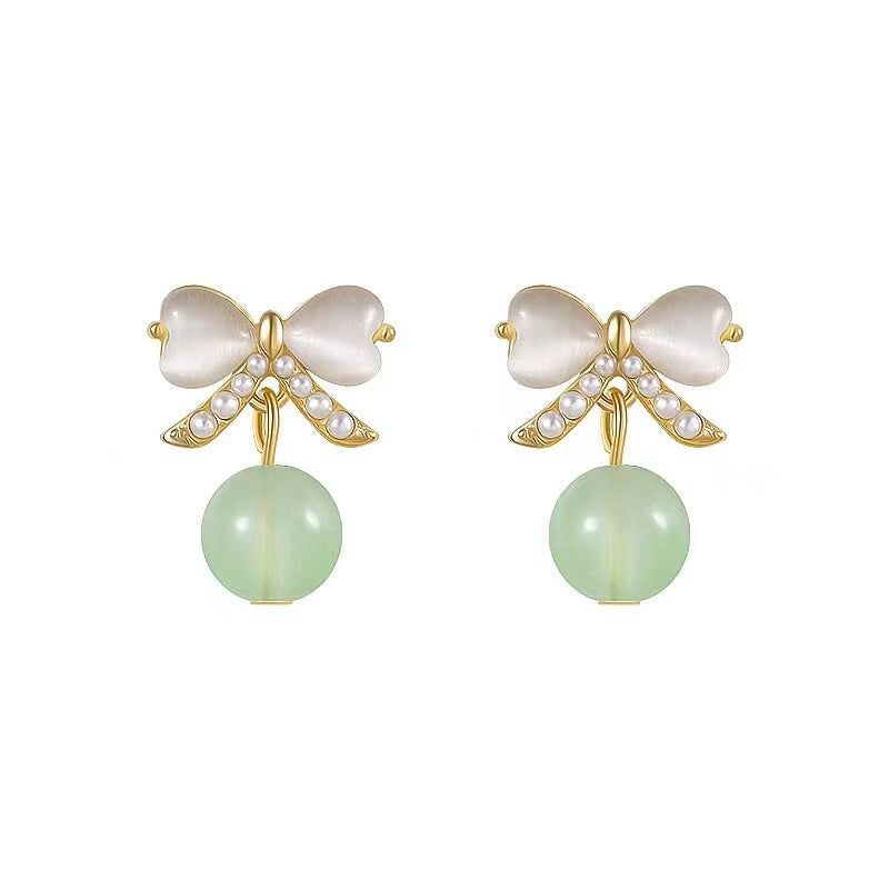 Bow Tie Stud Earrings For Women In Alloy With Cat's Eye Stone Featuring Clip-On Ear Caps