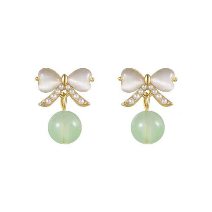 Bow Tie Stud Earrings For Women In Alloy With Cat's Eye Stone Featuring Clip-On Ear Caps