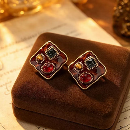 Square Enamel Stud Earrings For Unisex Featuring Maillard Style In Colour Alloy