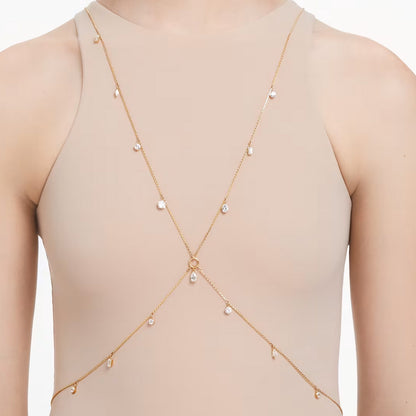 Silver Alloy Body Chain For Women With Water Droplets Pattern And Electroplated Finish, Featuring Zircon Inlay
