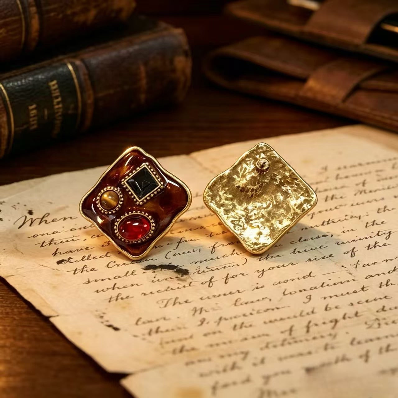 Square Enamel Stud Earrings For Unisex Featuring Maillard Style In Colour Alloy