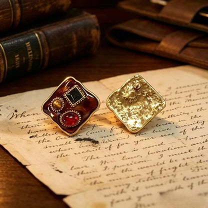 Square Enamel Stud Earrings For Unisex Featuring Maillard Style In Colour Alloy