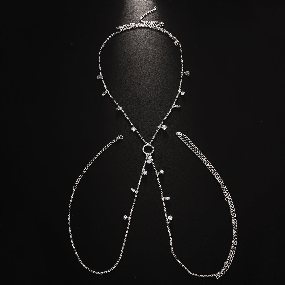 Silver Alloy Body Chain For Women With Water Droplets Pattern And Electroplated Finish, Featuring Zircon Inlay