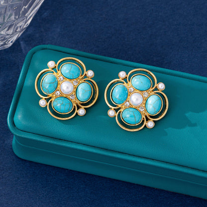 Water Droplets Stud Earrings For Unisex Featuring Turquoise Inlay, Electroplated Zinc Alloy With 925 Sterling Silver Posts