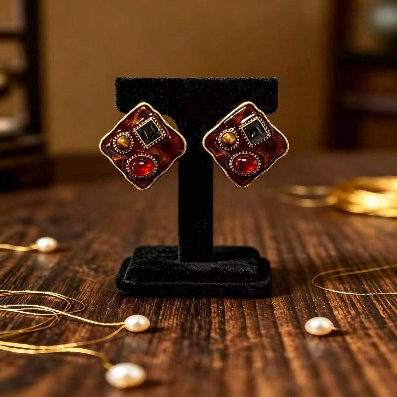 Square Enamel Stud Earrings For Unisex Featuring Maillard Style In Colour Alloy