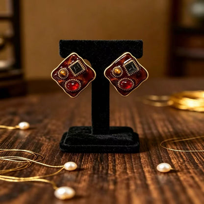 Square Enamel Stud Earrings For Unisex Featuring Maillard Style In Colour Alloy