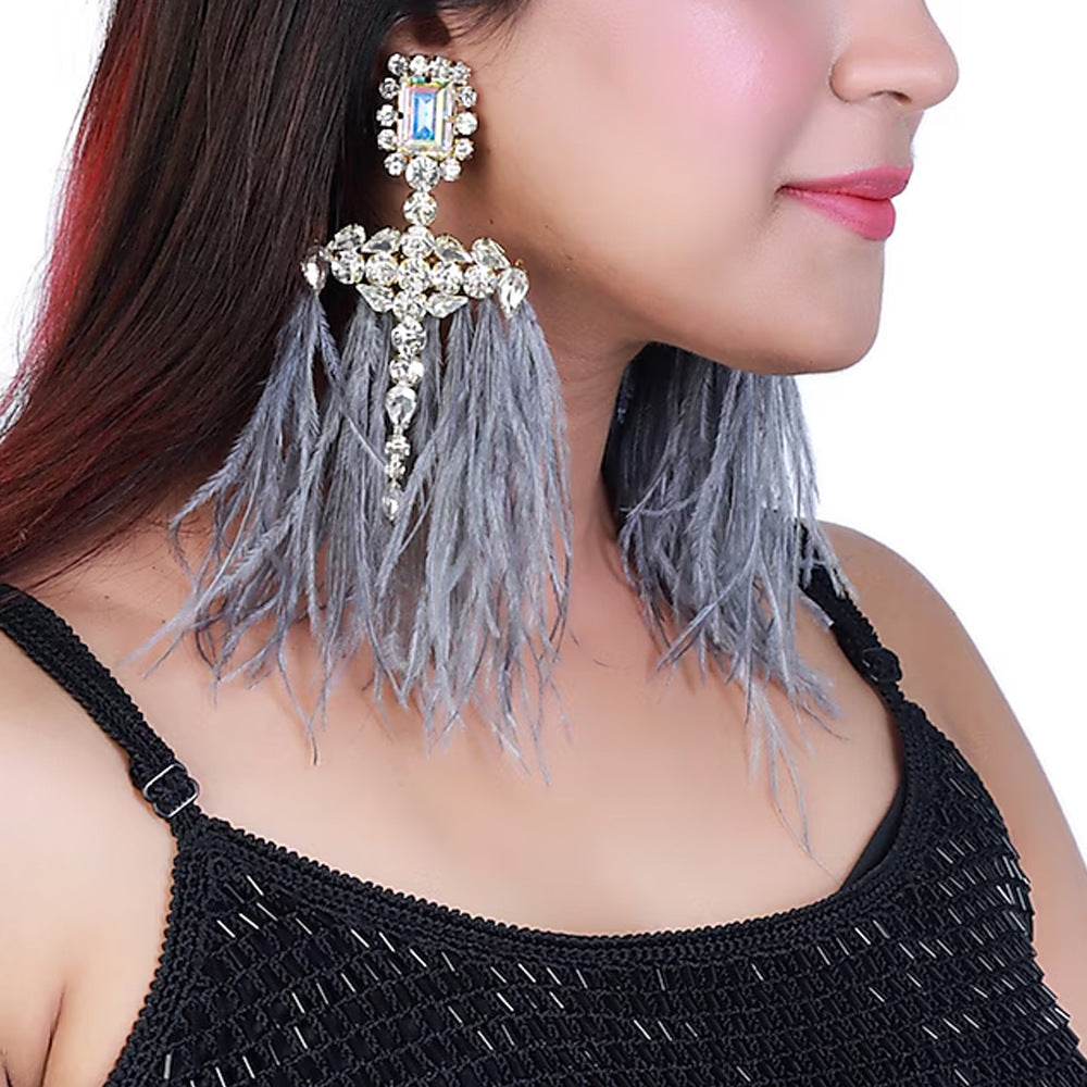 Gothic Silver Feather Earrings For Women, Electroplated Alloy With Rhinestone Inlay