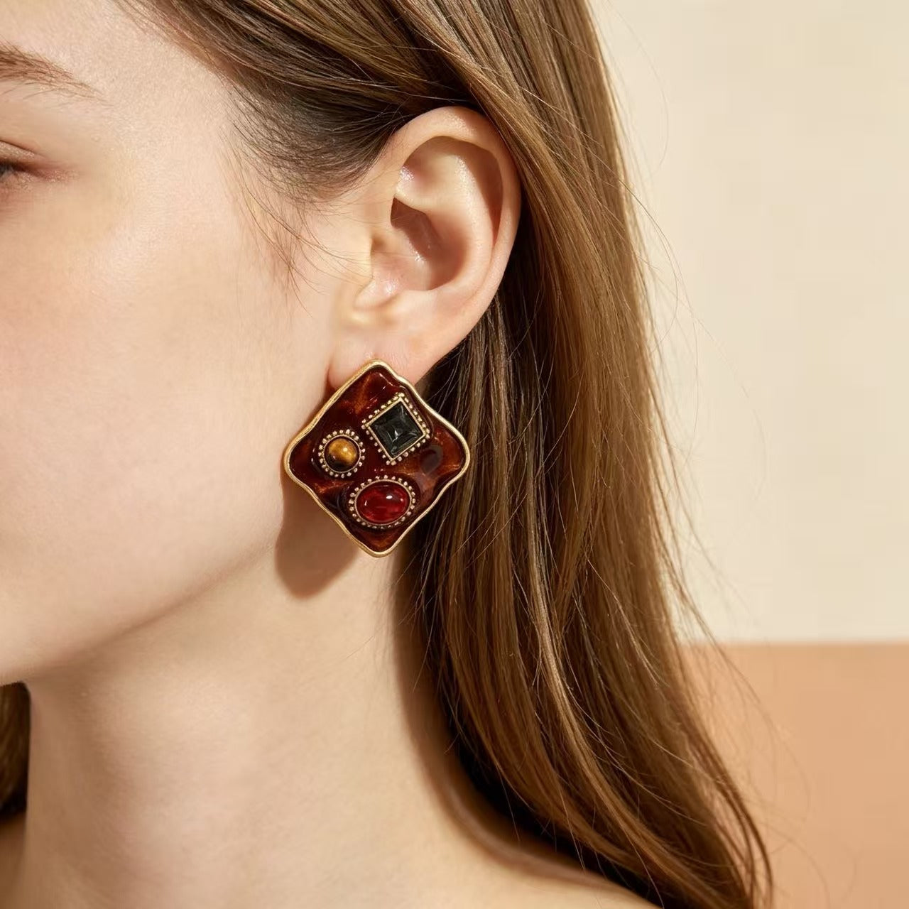 Square Enamel Stud Earrings For Unisex Featuring Maillard Style In Colour Alloy