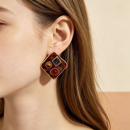 Square Enamel Stud Earrings For Unisex Featuring Maillard Style In Colour Alloy