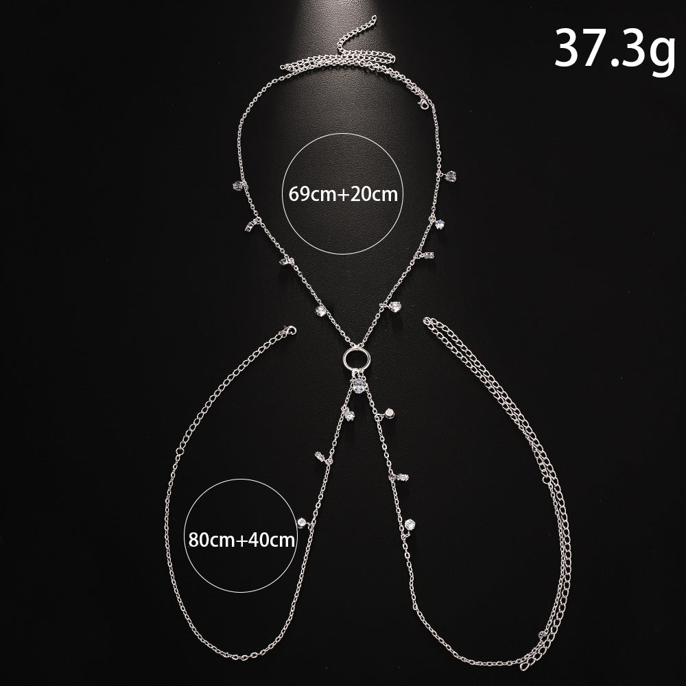 Silver Alloy Body Chain For Women With Water Droplets Pattern And Electroplated Finish, Featuring Zircon Inlay