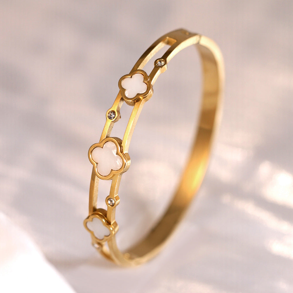 Lucky Heart Titanium Steel Bangle For Women With Shell Inlay In Gold