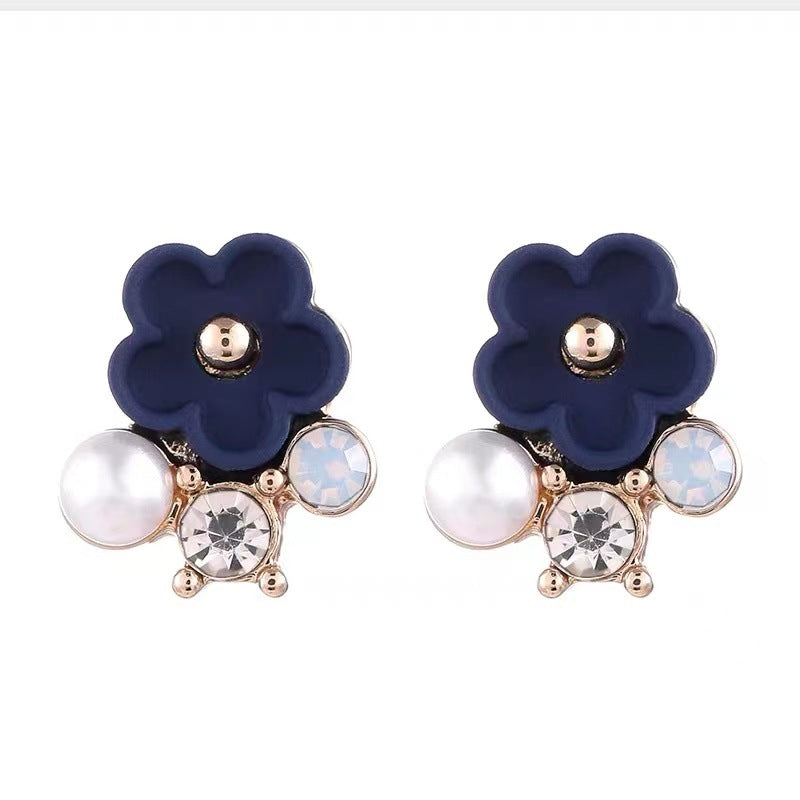 Cute Dark Blue Flower Earrings With Rhinestones, Alloy Material Featuring Stoving Varnish Finish