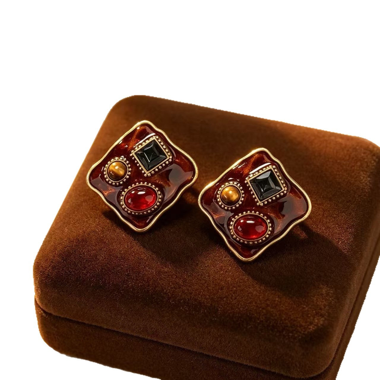 Square Enamel Stud Earrings For Unisex Featuring Maillard Style In Colour Alloy