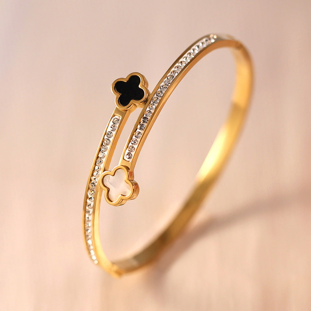 Lucky Heart Titanium Steel Bangle For Women With Shell Inlay In Gold