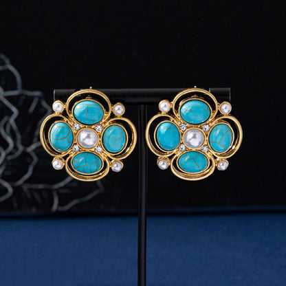Water Droplets Stud Earrings For Unisex Featuring Turquoise Inlay, Electroplated Zinc Alloy With 925 Sterling Silver Posts