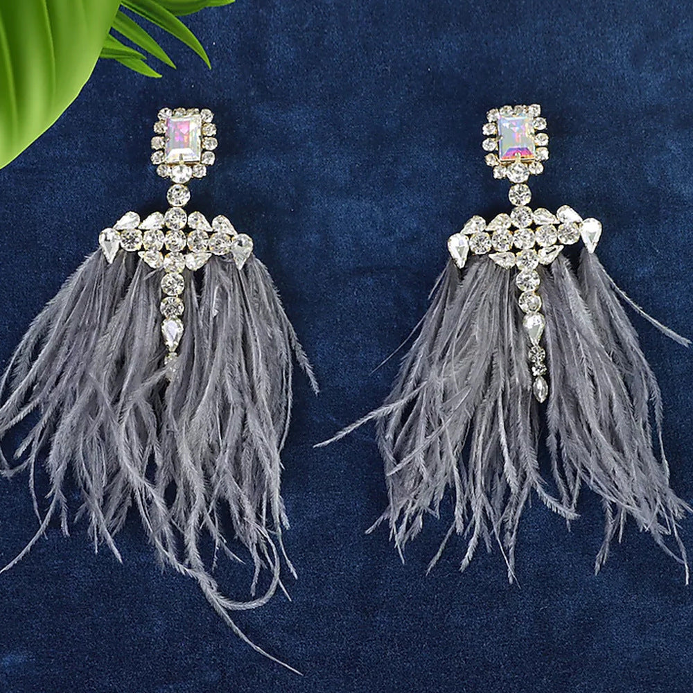 Gothic Silver Feather Earrings For Women, Electroplated Alloy With Rhinestone Inlay
