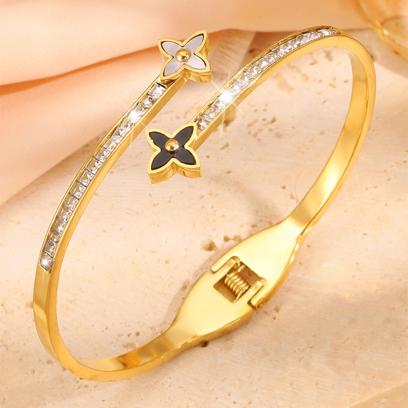 Lucky Heart Titanium Steel Bangle For Women With Shell Inlay In Gold
