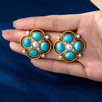 Water Droplets Stud Earrings For Unisex Featuring Turquoise Inlay, Electroplated Zinc Alloy With 925 Sterling Silver Posts