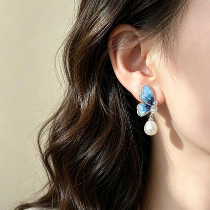 Butterfly Stud Earrings For Unisex Featuring Ombre Zinc Alloy With Artificial Pearl Inlay And 925 Sterling Silver Ear Pins