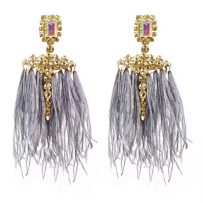 Gothic Silver Feather Earrings For Women, Electroplated Alloy With Rhinestone Inlay