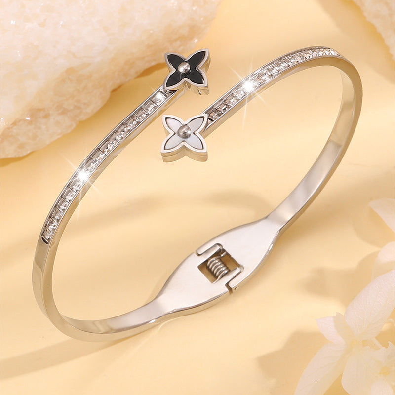 Lucky Heart Titanium Steel Bangle For Women With Shell Inlay In Gold
