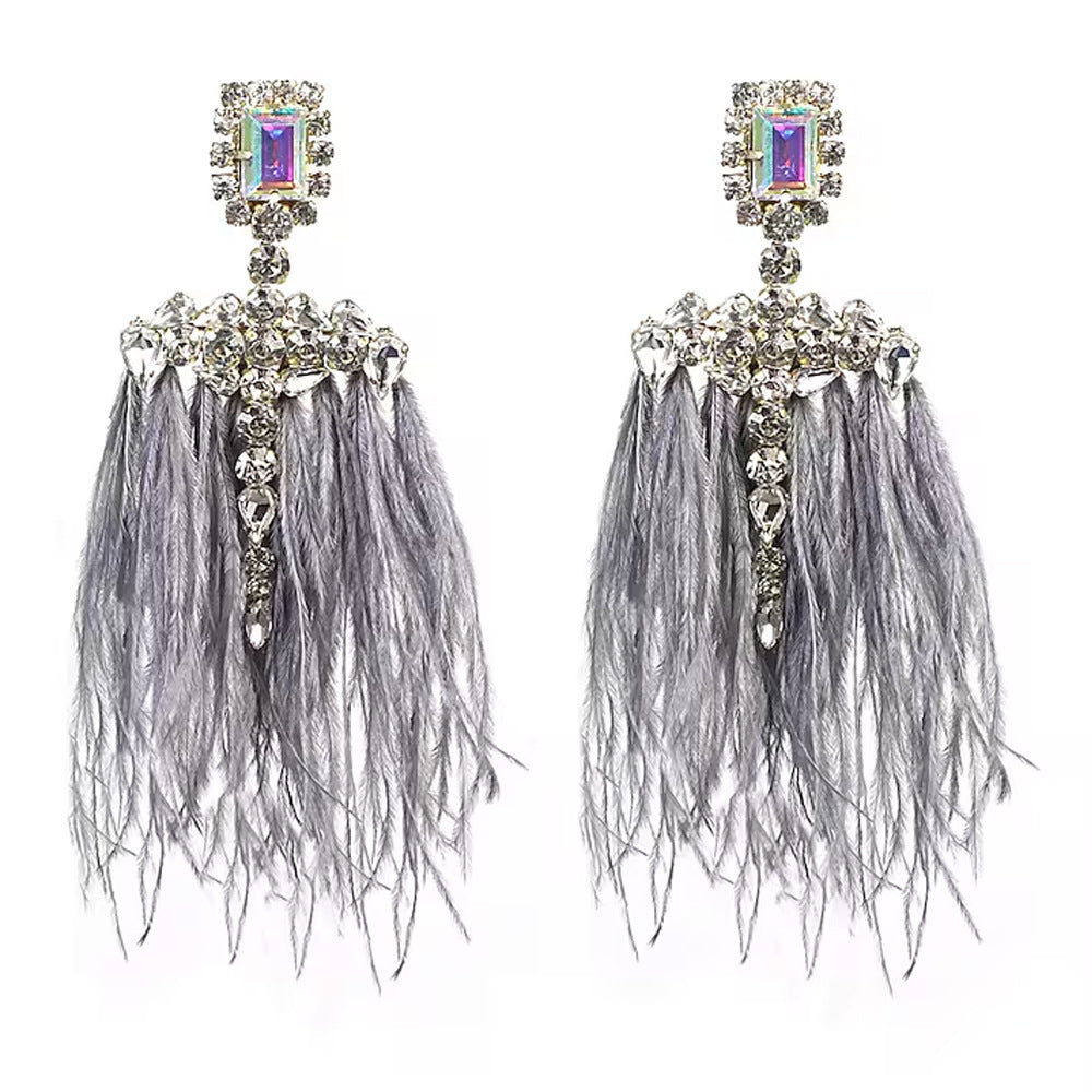 Gothic Silver Feather Earrings For Women, Electroplated Alloy With Rhinestone Inlay