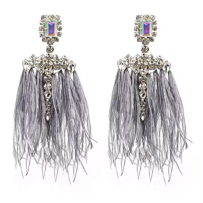 Gothic Silver Feather Earrings For Women, Electroplated Alloy With Rhinestone Inlay