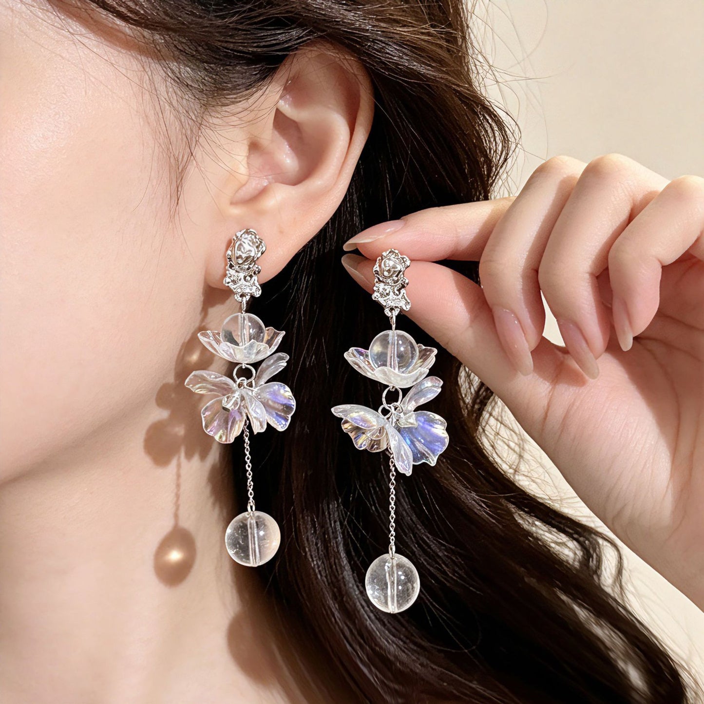 Sweet Flowers Stud Earrings For Unisex, Transparent Zinc Alloy With Crystal Inlay