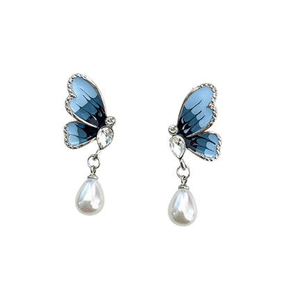 Butterfly Stud Earrings For Unisex Featuring Ombre Zinc Alloy With Artificial Pearl Inlay And 925 Sterling Silver Ear Pins