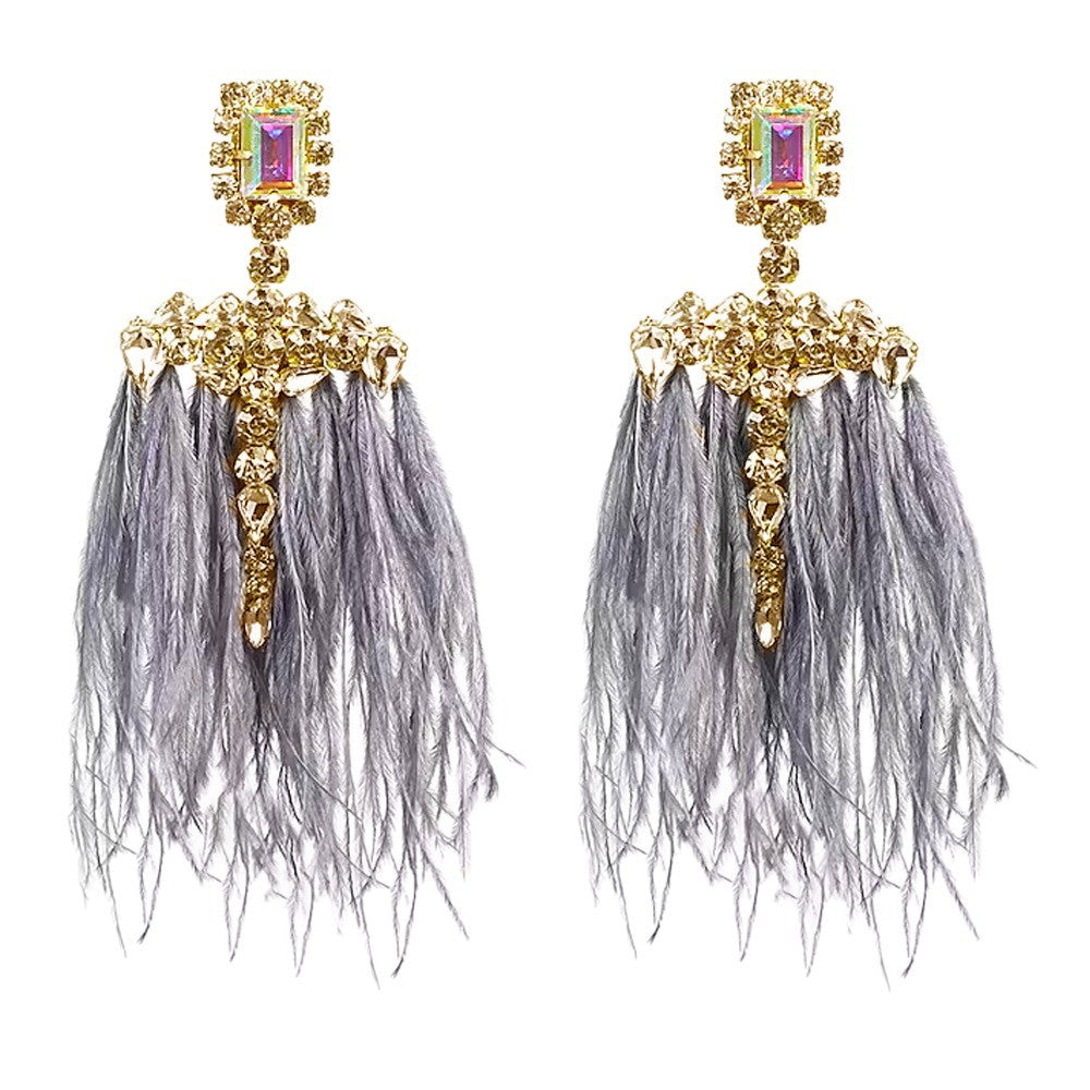 Gothic Silver Feather Earrings For Women, Electroplated Alloy With Rhinestone Inlay