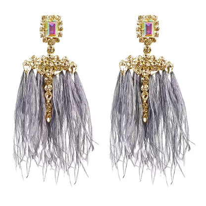 Gothic Silver Feather Earrings For Women, Electroplated Alloy With Rhinestone Inlay