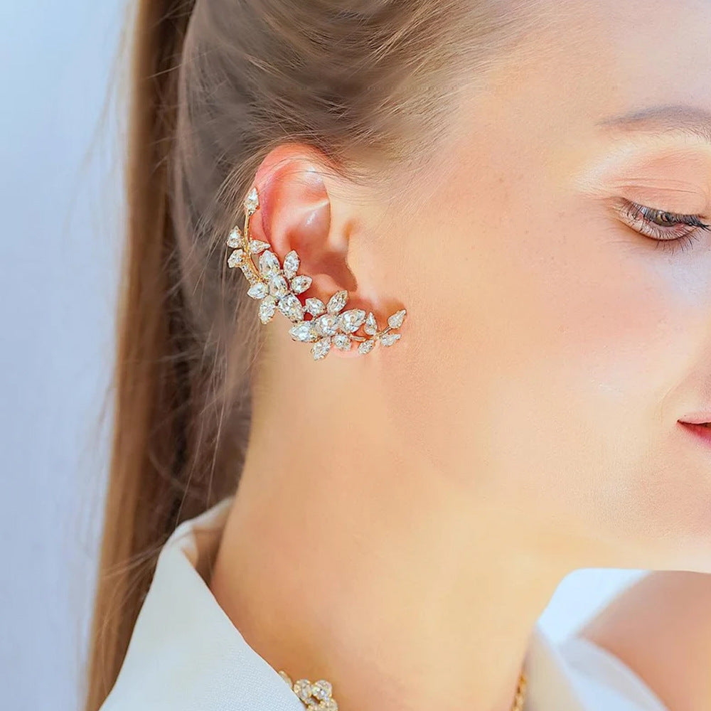 Silver Alloy Flowers Earrings With Rhinestones, Copper Ear Pins, Elegant Design For Women