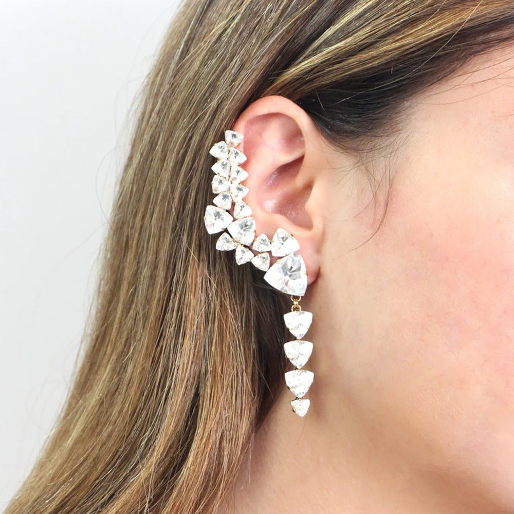 Trillion-cut Silver Alloy Earrings With Rhinestones, Electroplated Finish For Women