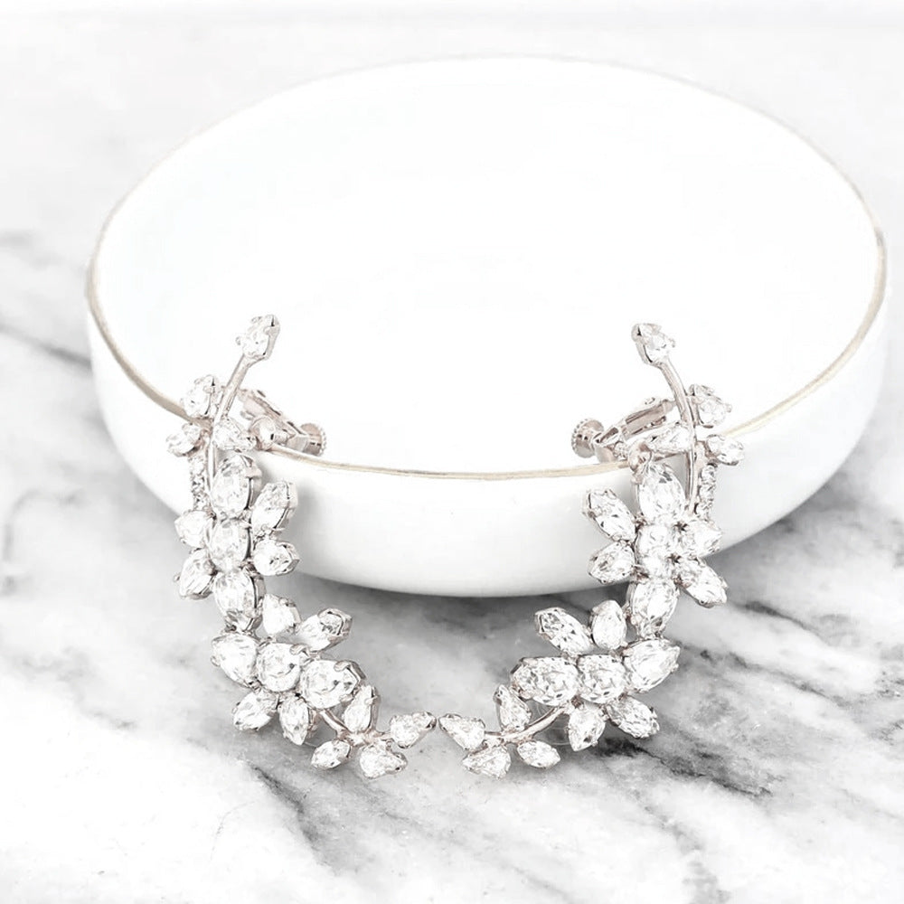 Silver Alloy Flowers Earrings With Rhinestones, Copper Ear Pins, Elegant Design For Women